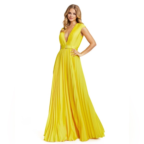 Mac Duggal Dresses & Skirts - Mac Duggal PLEATED PLUNGE NECK BELTED SATIN GOWN in Yellow